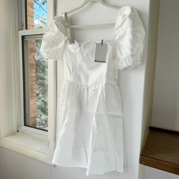 NWT Reformation Malvina Linen Puff-Sleeve Mini Dress White 10 - Picture 5 of 12
